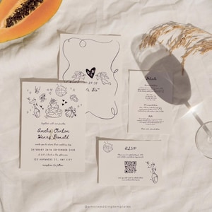 Illustrierte Einladungsvorlage Handgezeichnete Hochzeitseinladungs-Reihen-Druck skurrile Hochzeitseinladung mit QR-Code Handgeschriebene Hochzeitseinladungen
