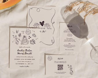 Hand-Drawn Wedding Invitation Suite: Whimsical Print Template (Canva Editable)