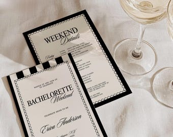 May include: Black and white striped card with a black border and white text that reads "Saddle up and join us to celebrate Bachelorette Weekend". The card also includes the bride-to-be's name, "Erica Anderson", and the date of the event, "July 15-17, 2030".