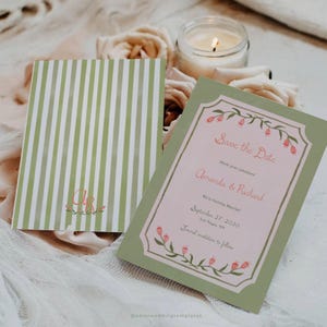 Green Striped Save the Date Template, Colorful Wedding Invitation Elegant, Watercolor Save the Date Editable, Pink Floral Wedding Invites