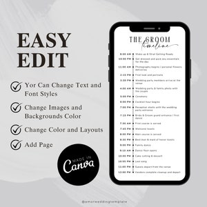 May include: A black and white printable wedding timeline template for the groom. The template includes a list of events and times for the wedding day, such as getting ready, the ceremony, the reception, and the departure of guests. The template is easy to edit and customize with your own text and images.