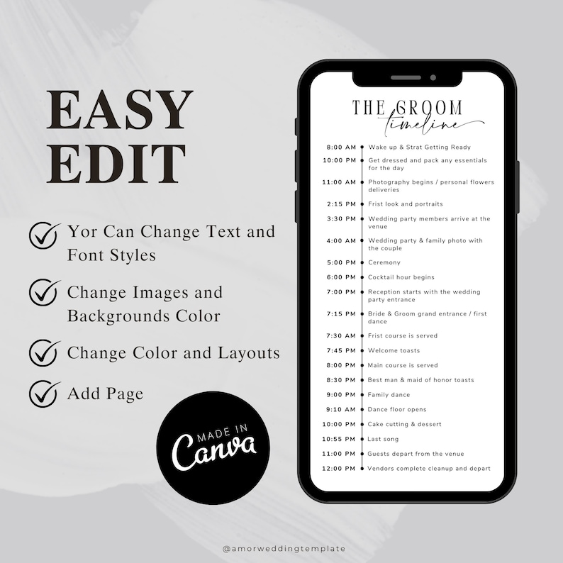 May include: A black and white printable wedding timeline template for the groom. The template includes a list of events and times for the wedding day, such as getting ready, the ceremony, the reception, and the departure of guests. The template is easy to edit and customize with your own text and images.