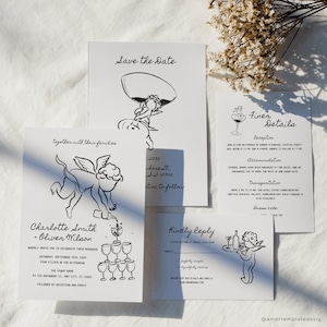Invitación de boda manuscrita, invitaciones de boda caprichosas, guardar la fecha escrita a mano, conjunto de invitación dibujada a mano de querubín, invitación de ilustración
