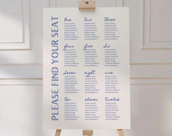 Blue Wedding Seating Chart Template: Editable Canva Sign (24x36, A1 Sizes) (Digital Download)