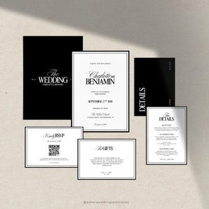 Plantilla elegante y minimalista para invitaciones de boda, editable, única, en blanco y negro, con detalles RSVP, conjunto de invitaciones formales para boda.