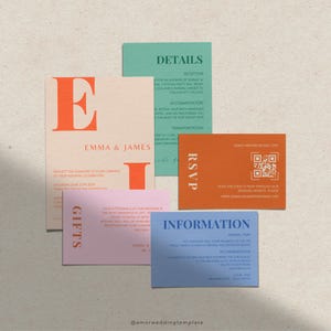 May include: Wedding invitation suite with a modern design. The invitation features a large, bold "E" and "I" in orange on a peach background. The details card is green, the RSVP card is orange, and the information card is blue. The invitation includes the names Emma and James, the date of the wedding, and the location. The RSVP card includes a QR code for guests to RSVP online.