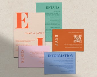 May include: Wedding invitation suite with a modern design. The invitation features a large, bold "E" and "I" in orange on a peach background. The details card is green, the RSVP card is orange, and the information card is blue. The invitation includes the names Emma and James, the date of the wedding, and the location. The RSVP card includes a QR code for guests to RSVP online.