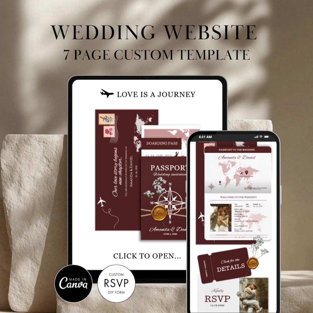 Passport Wedding Website Canva Template: Customizable RSVP
