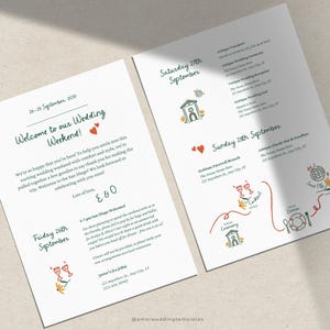 Modèle de lettre et de chronologie de sac de bienvenue de mariage fantaisiste Événements de week-end de mariage manuscrits Itinéraire dessiné à la main pour les notes d'invité de mariage