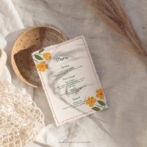 Blumen-Menükarten-Vorlage, buntes, handgezeichnetes Hochzeitsmenü-Design, Dinner-Party-Menü zum Ausdrucken, rustikale Brautdusche-Menükarten bearbeitbar