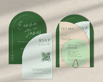 Arch Wedding Invitation Template Set: Minimalist Green Design (Canva Template)