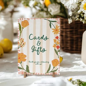 Letrero de tarjetas y regalos caprichosos, plantilla colorida, letrero de boda con flores dibujadas a mano, letrero de mesa con regalos escritos a mano, letrero de boda único para parejas