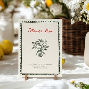 Flower Bar Sign Template, Floral Bridal Shower Sign Editable for Canva, Hand Drawn Baby Shower, Build Your Bouquet,  Whimsical Wedding Signs