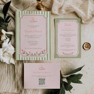 Green Stripe Wedding Invitation Suite Template, Editable RSVP & Details Card, Watercolor Floral Wedding Invite, Pink and Green Wedding