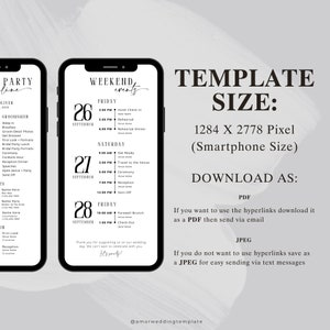 May include: A black and white printable template for a wedding weekend schedule. The template is designed for a smartphone screen and includes the dates September 26th, 27th, and 28th. The template lists events for each day, such as "Hotel Check-in", "Rehearsal", "Ceremony", and "Farewell Brunch". The template also includes the text "Weekend Events" and "Let's Party!"