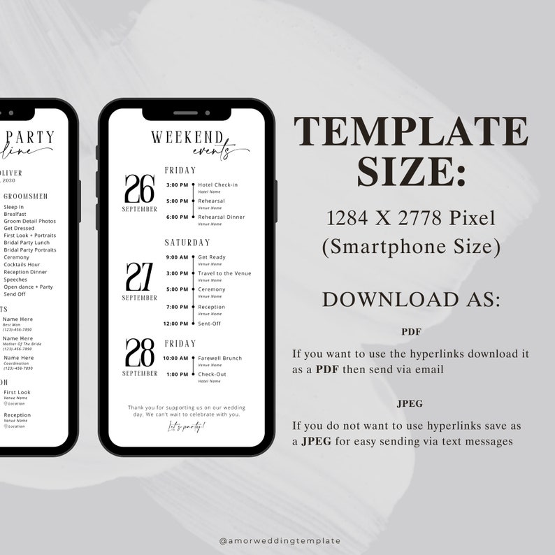 May include: A black and white printable template for a wedding weekend schedule. The template is designed for a smartphone screen and includes the dates September 26th, 27th, and 28th. The template lists events for each day, such as "Hotel Check-in", "Rehearsal", "Ceremony", and "Farewell Brunch". The template also includes the text "Weekend Events" and "Let's Party!"