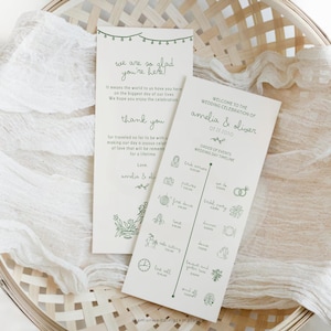Plantilla de carta de bienvenida de boda dibujada a mano, cronograma de eventos del fin de semana de boda, programa de boda escrito a mano y caprichoso, orden de servicio
