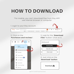 May include: A step-by-step guide on how to download digital files from Etsy. The guide includes screenshots of the Etsy website, highlighting the 'Purchases and reviews' section, the 'Download Files' button, and the 'Download' button.