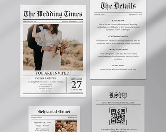 Newspaper Wedding Invitation Template, Editable Wedding Invites, Wedding Invitation Set, Wedding Newspaper, Unique Wedding Invitations