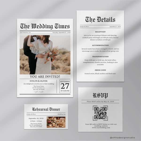 Newspaper Wedding Invitation Template, Editable Wedding Invites, Wedding Invitation Set, Wedding Newspaper, Unique Wedding Invitations