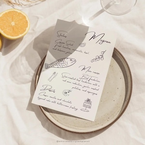 Modelo de menu de casamento desenhado à mão Menu caprichoso Imprimíveis de casamento Cartões de lugar de menu de recepção manuscritos Cartão de menu de jantar Casamento editável