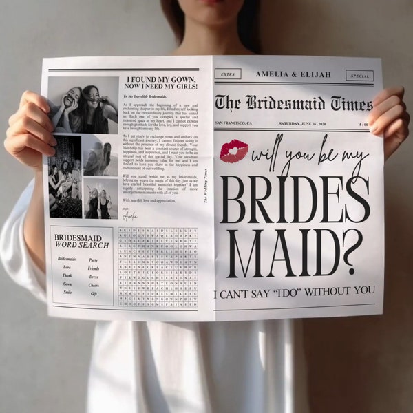 Bridesmaid Newspaper Template, Bachelorette Newspaper Bouquet, Bridesmaid Proposal Newspaper, Wedding Newspaper Template, Wedding Editable