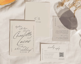 Op de afbeelding: Een huwelijksuitnodigingsset met een minimalistisch ontwerp. De uitnodiging bevat de namen van het paar, "Charlotte en Lucas", en de datum van de bruiloft, "09/10/2030". De RSVP-kaart bevat een QR-code waarmee gasten kunnen reageren.
