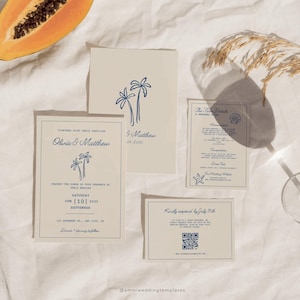 Küsten Hochzeits-Einladungs-Reihe Vorlage Hand gezeichnete Strand-Einladung Druckbare Palmen-Hochzeits-Einladung QR-Code Blaue Hochzeit stationär