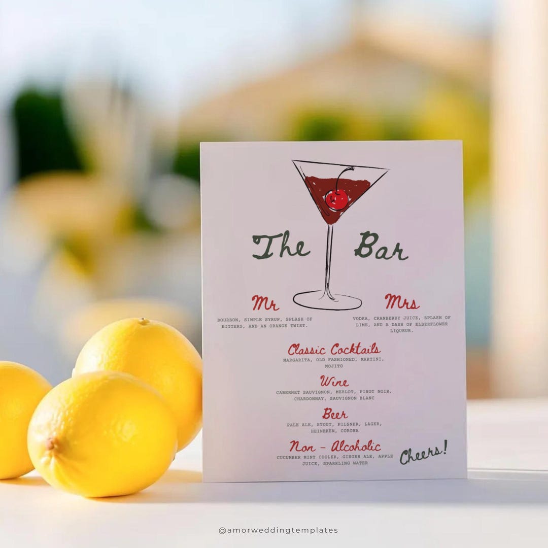Hand Drawn Wedding Bar Menu Editable Template Drink Menu Wedding ...