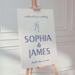 Blue Wedding Welcome Sign Template: Modern Hand-Drawn Design (Digital Download, Canva Edit)
