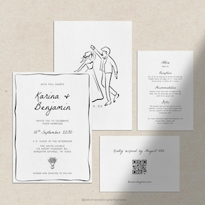 May include: Black and white wedding invitation suite with a simple line drawing of a couple dancing. The invitation includes the couple's names, wedding date, time, location, and RSVP information. The invitation also includes a QR code for guests to access additional information.