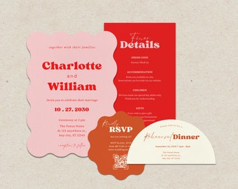 Wave Wedding Invitation Template, Wedding Invite Suite, QR Code RSVP, Editable Wedding Invitation Template, Details Card Wedding, Printable