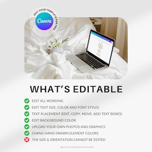 May include: A laptop computer on a white bed with a checklist of editable features for a Canva template. The checklist includes: Edit all wording, Edit text size, color and font styles, Text placement (edit, copy, move, add text boxes), Edit background color, Upload your own photos and graphics, Change hand drawn element colors, The size & orientation cannot be edited.