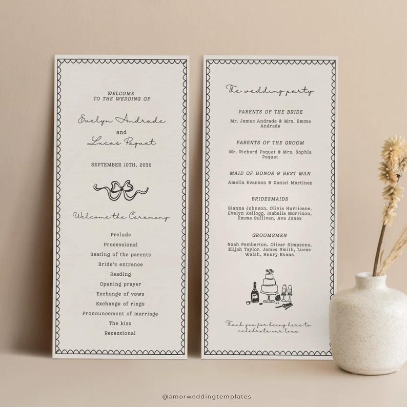 Hand Drawn Wedding Program Template Modern Order of Service Editable ...