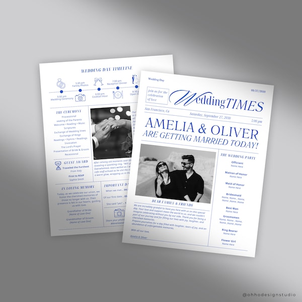 Newspaper Wedding Program Template, Editable Wedding Itinerary, Wedding Newspaper, Wedding Program Printed, Vintage Inspired Wedding Program