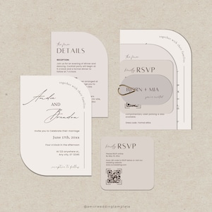 Bogen Hochzeitseinladung Vorlagen Set, Tischkarte, Minimale Einladung, Hochzeit Briefpapier, QR Code Antwortkarte, Individuelle Hochzeit, Bearbeitbare Vorlage