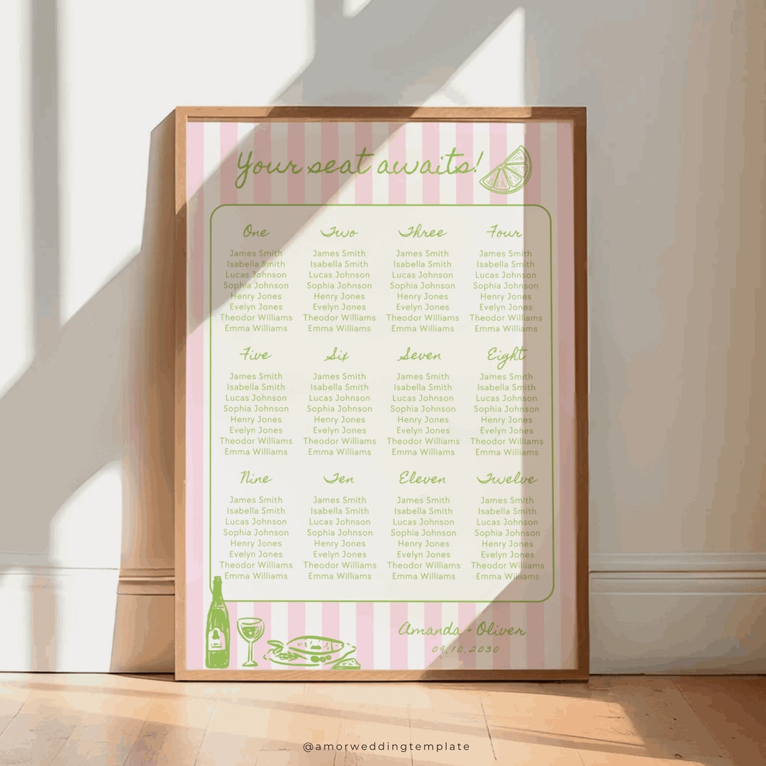 Hand Drawn Seating Chart Template Pink Striped Elegance Wedding Seating ...