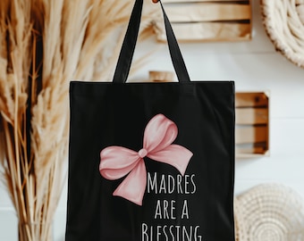 Pink Bow- Black Cotton Canvas Tote Bag- Mother's Day Gift, Birthday Gift, gift for her, gift for him, new mom, babyshower gift, mama gift.