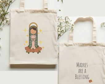 Virgencita - Madres are a Blessing Cotton Canvas Tote Bag- Mother's Day Gift, Birthday gift, gift for her, virgen mary, babyshower, new mom