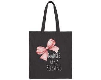 Pink Bow- Black Cotton Canvas Tote Bag- Mother's Day Gift, Birthday Gift, gift for her, gift for him, new mom, babyshower gift, mama gift.