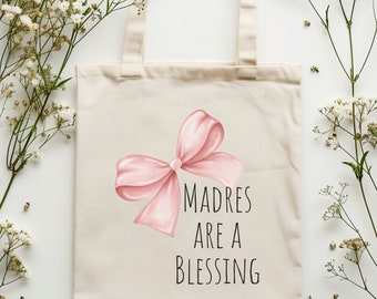 Pink Bow- Natural Madres Blessing Cotton Canvas Tote Bag- Mother's Day gift, birthday gift, gift for her,  babyshower gift, new mom gift