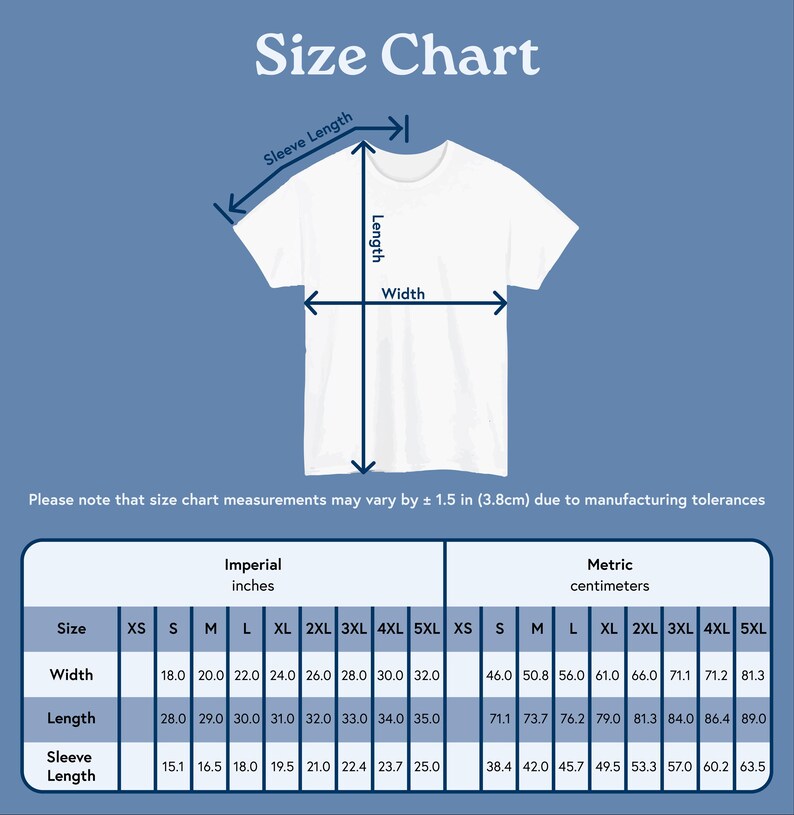 Puede incluir: Una camiseta blanca con una tabla de tallas superpuesta. La tabla incluye medidas de ancho, largo y largo de manga en pulgadas y cent&iacute;metros, con tallas de la XS a la 5XL. El texto "Size Chart" est&aacute; en la parte superior.
