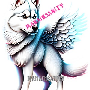 Puede incluir: Un lobo blanco con alas azules y blancas. El lobo está de pie sobre sus cuatro patas y mirando hacia la izquierda. El texto "MANAINSANITY" está escrito en rosa en la imagen.