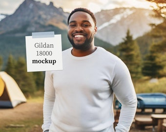 White Gildan 18000 Sweatshirt Mockup | Plus Size Male Model | Camping Niche | Diverse, Realistic, Inclusive Lifestyle Photography Mockups