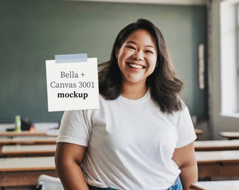 Mockup di t-shirt White Bella Canvas 3001 / Modello femminile taglie forti / Ritorno a scuola, Mockup per insegnanti / Body Positive, Realistico, Stile di vita