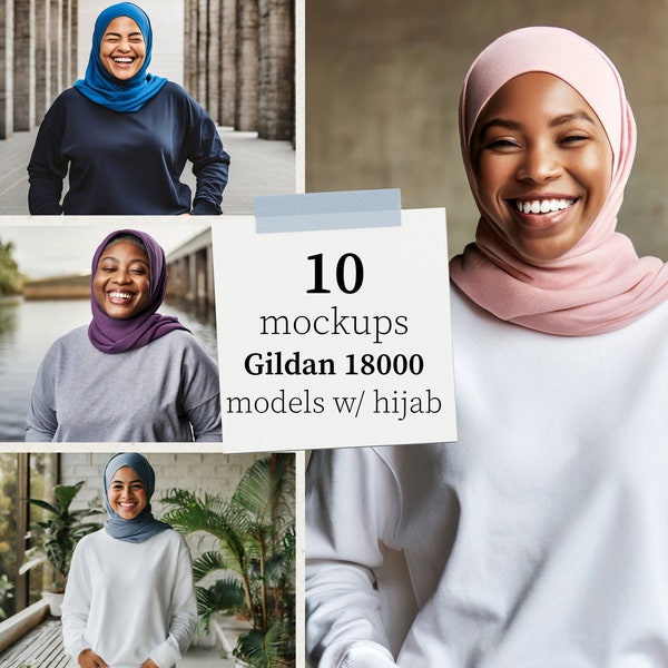 Bundle of 10 Mockups | Gildan 18000 Black, Sport Grey, White Crewneck Sweatshirts | Female Models in Hijab | Diverse, Plus Size Inclusive