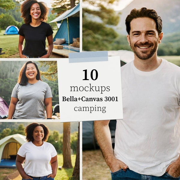 Bundle of 10 Mockups | Bella Canvas 3001 Black, Athletic Heather, White T-Shirts | Summer, Outdoors, Camping Mockups | Diverse, Realistic