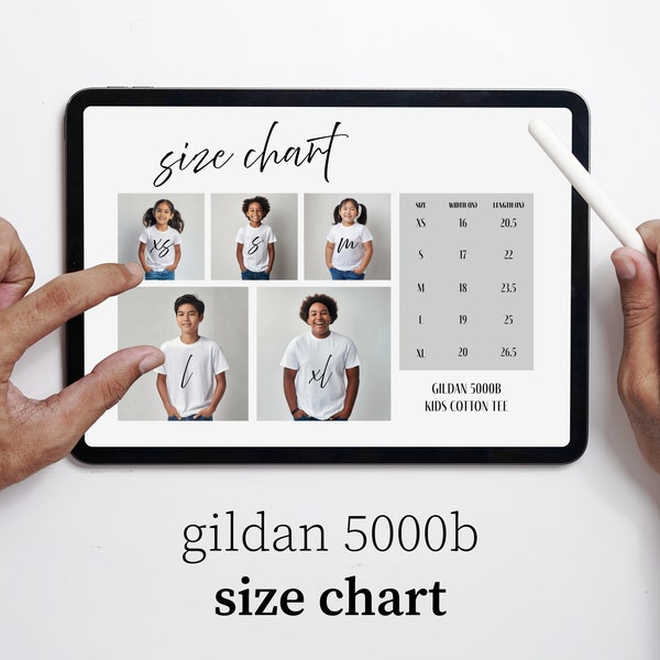 Gildan 5000B Size Chart | Sizing Guide Youth/Kids Unisex T-Shirts | Diverse, Body Positive, Inclusive, Realistic Models | Easy to Upload JPG
