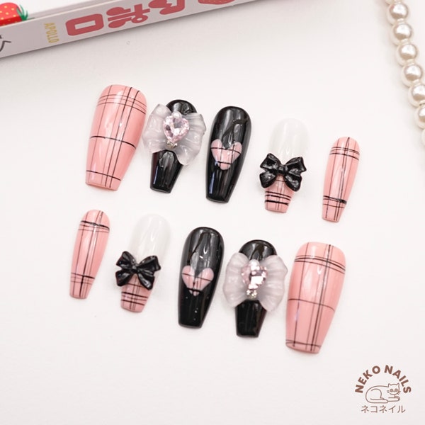 Fallen Angel Press On Nails Japanese Style | Long False Nails Girly Chic Fake Nails 3D Nails Pink Black Y2K