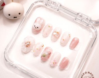 Nijntje & Dango Press On Nails Japanse stijl | Lange kunstnagels Girly Chic Nepnagels 3D-nagels Roze Zwart Y2K